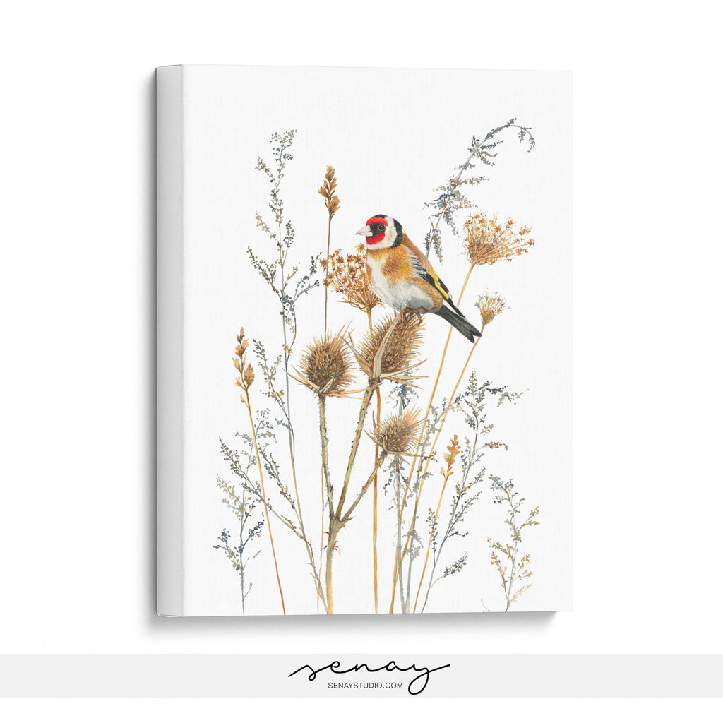 European goldfich bird cute painting and ready to hang stretched canvas print by Senay Studio 