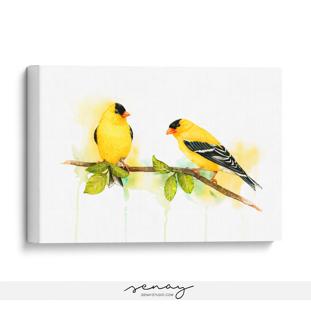 Yellow goldfinch birds artwork ready to hang canvas made in Ontario Canada by Senay Studio