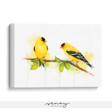 Yellow goldfinch birds artwork ready to hang canvas made in Ontario Canada by Senay Studio 