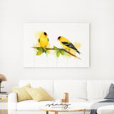 Yellow goldfinch birds artwork ready to hang canvas made in Ontario Canada by Senay Studio