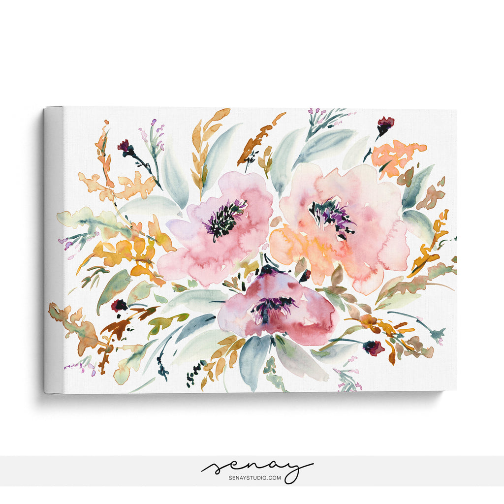 Juli artwork loose watercolour floral, stretched canvas made in Ontario Canada by Senay Studio