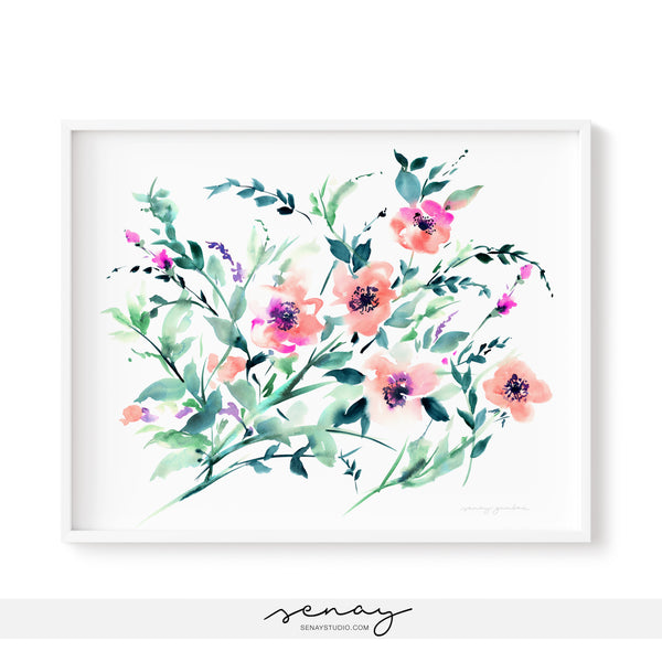 Louise pink wildflowers watercolour painting by SenayStudio, senaystudio.com