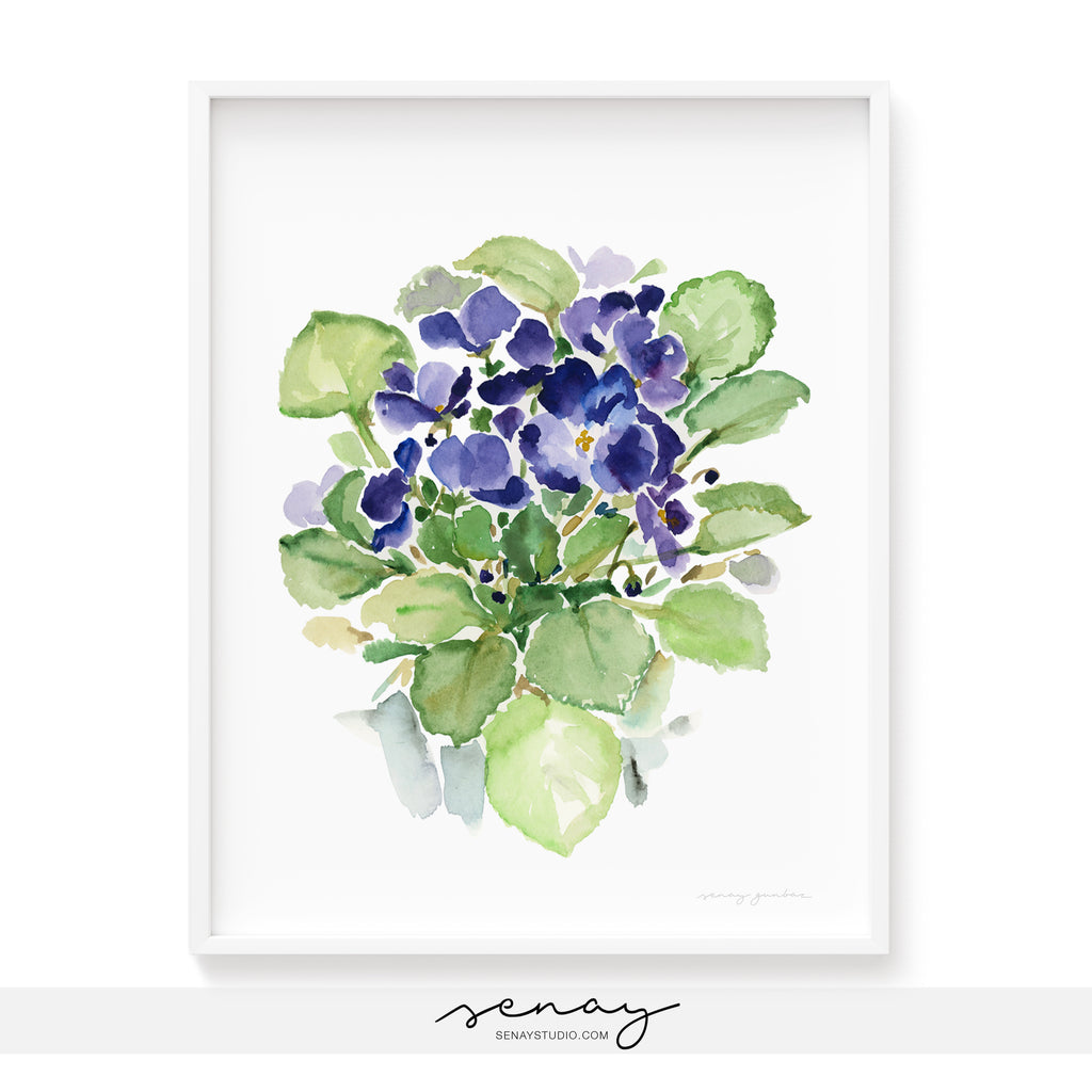 Purple African Violet loose watercolour painting by Senay Studio, senaystudio.com