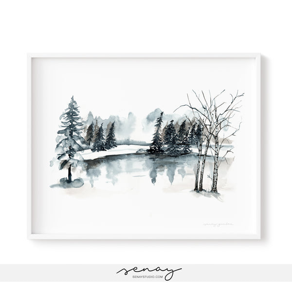 Winter scene watercolour painting by SenayStudio, senaystudio.com