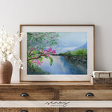 Watercolour Pink Spring Blossoms by The Lake at SenayStudio.com