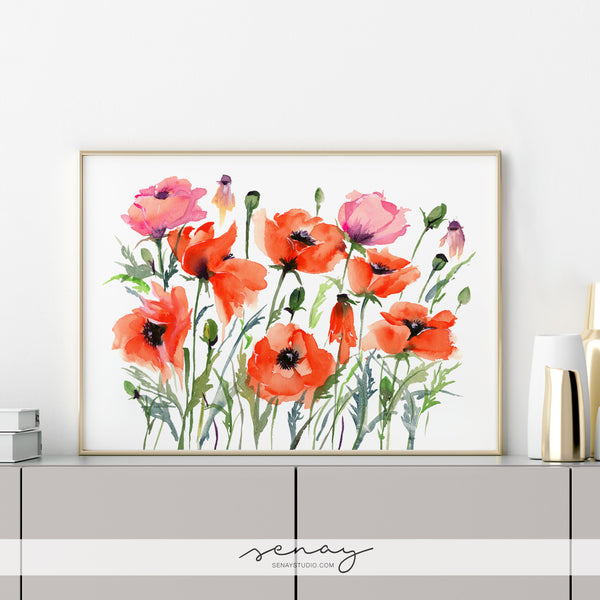 ジョアン アイザック「flower Garden french Poppies」 Gorgeous Poppy Garden Loose Watercolour Artwork | Senay Studio