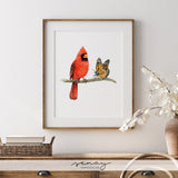 Beautiful Red Cardinal Bird and Monarch Butterfly Watercolour by SenayStudio.com
