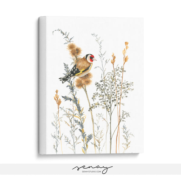European goldfich bird cute painting and ready to hang stretched canvas print by Senay Studio 