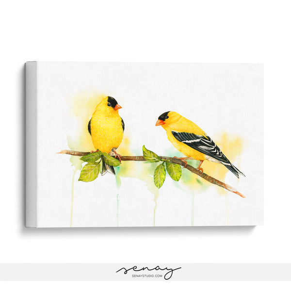 Yellow goldfinch birds artwork ready to hang canvas made in Ontario Canada by Senay Studio 