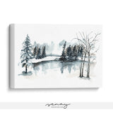 Beautiful winter scene watercolour painting by Senay, gallery style stretched canvas wall art made in Ontario Canada senaystudio.com
