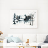 Winter scene watercolour painting by Senay, gallery style stretched canvas wall art made in Ontario Canada senaystudio.com