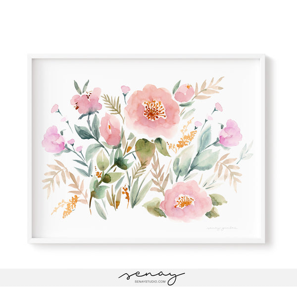 Gorgeous pink floral artwork Keira Garden by Senay, high quality giclee print SenayStudio.com