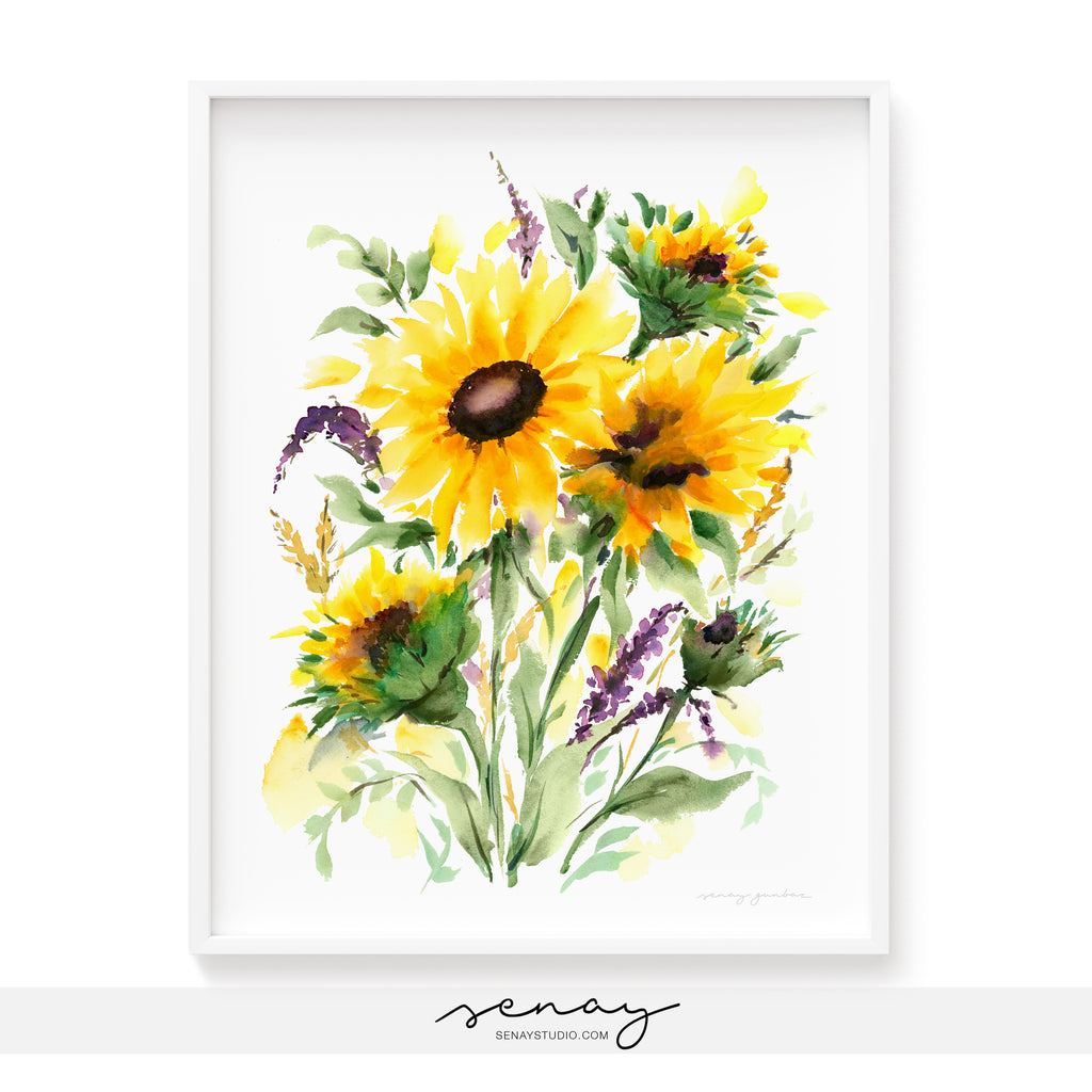 Sunflowers watercolour painting by Senay Studio, senaystudio.com