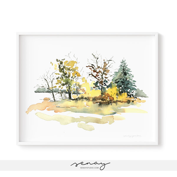 Beautiful watercolour autumn scene art print by SenayStudio.com