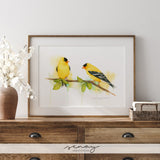 Goldfinch Yellow Birds on a Branch WatercolourArt Print by SenayStudio.com