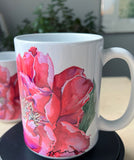 beautiful peony flower in fuchsia colour on both sides of the mug, 15oz coffee mug, all over print, microwave and dishwasher safe