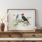 Watercolour Painting Indigo Bunting and Pileated Woodpecker Giclée Print by senaystudio.com | Free Shipping